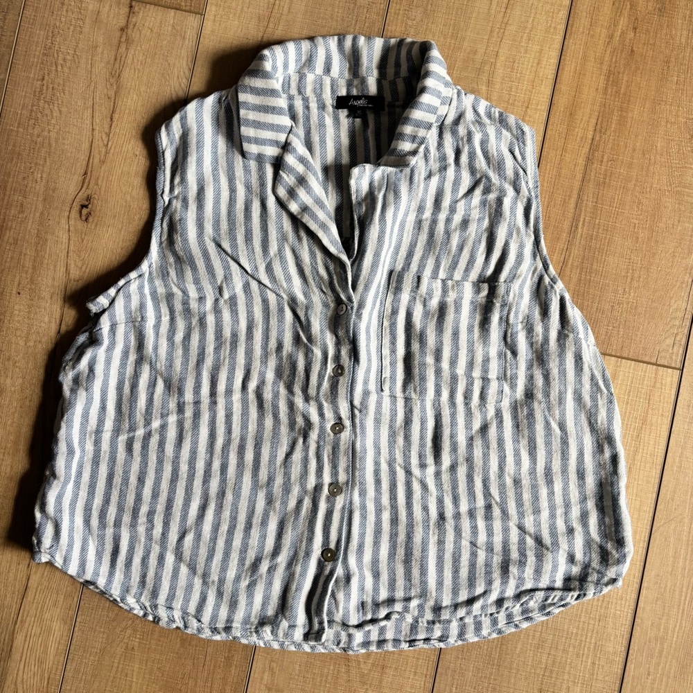 Angels Linen Blend Blue and White Striped Sleeveless Shirt